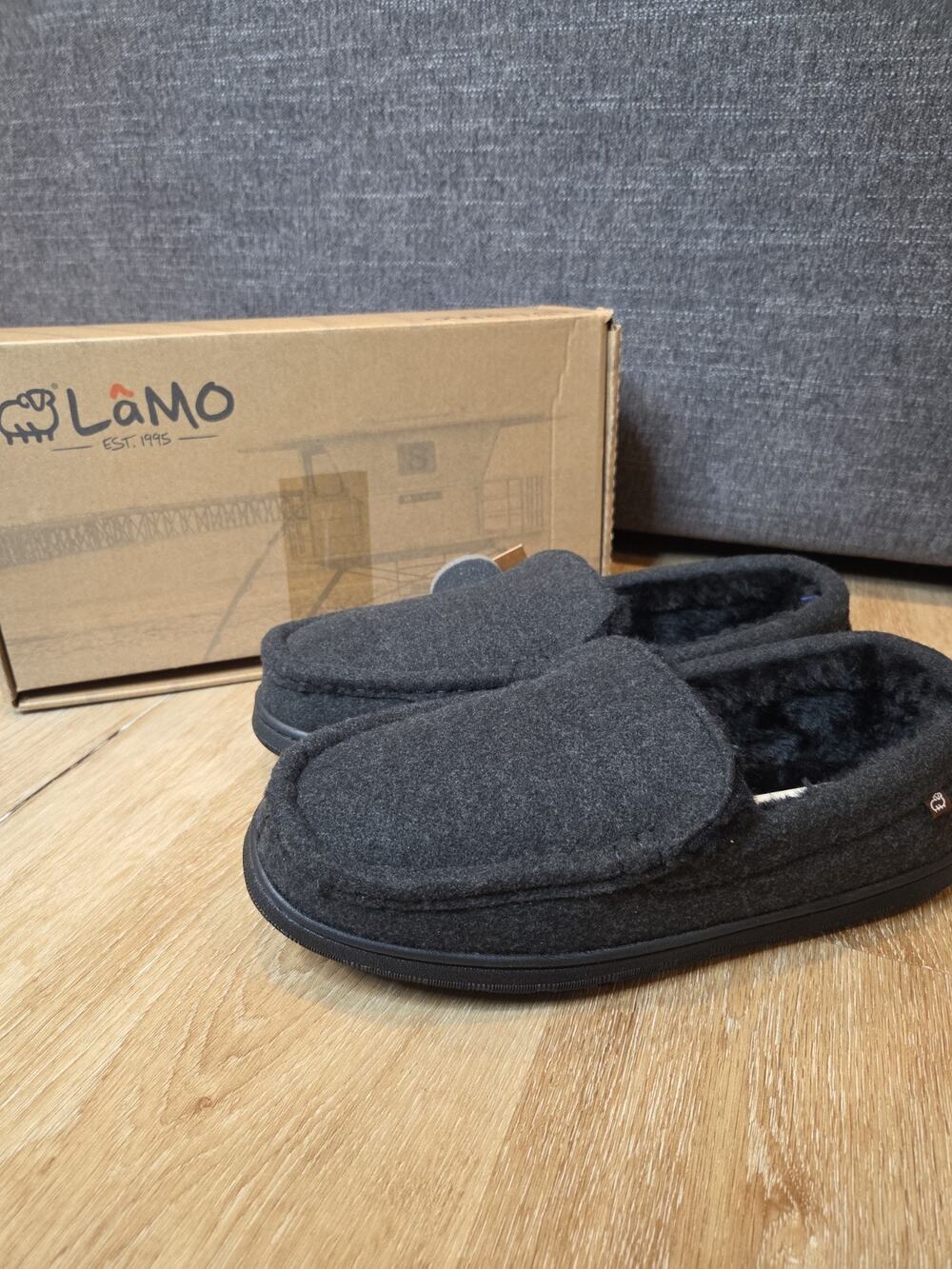 LAMO Harrison Wool Slippers Mens Size 11 Black Faux Fur Lined Moccasin EM1913W